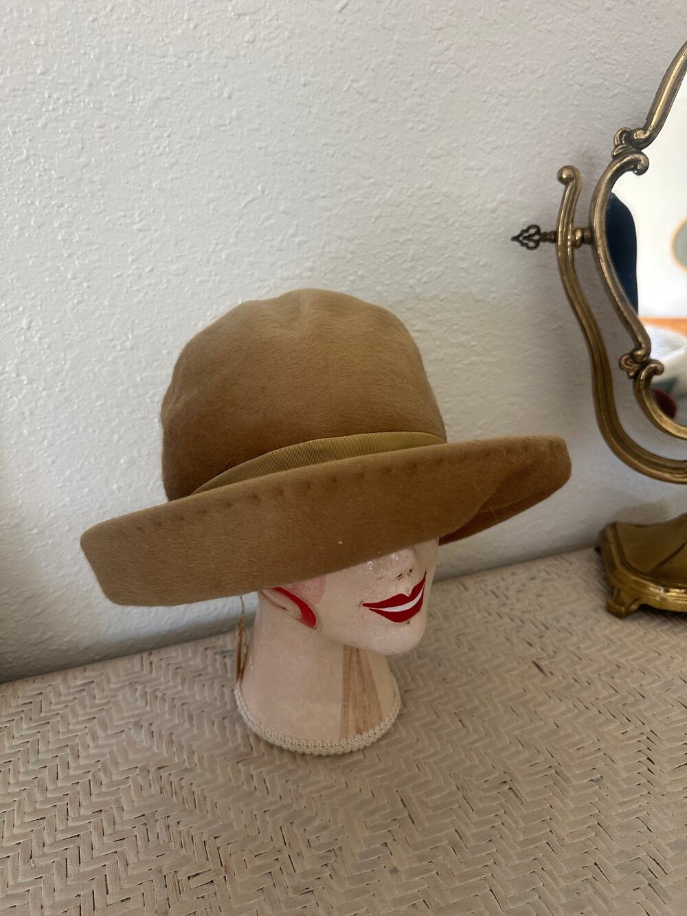 Mr. John Hand Sewn Camel cashmere woman’s fedora with ribbon band and bow 1940s